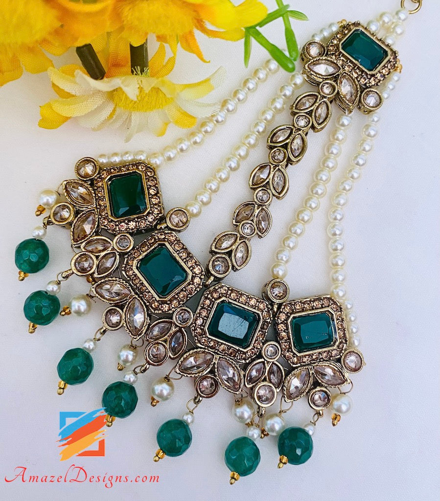 Green (Emerald) Polki Necklace Choker Earrings Tikka Nath and Passa Set