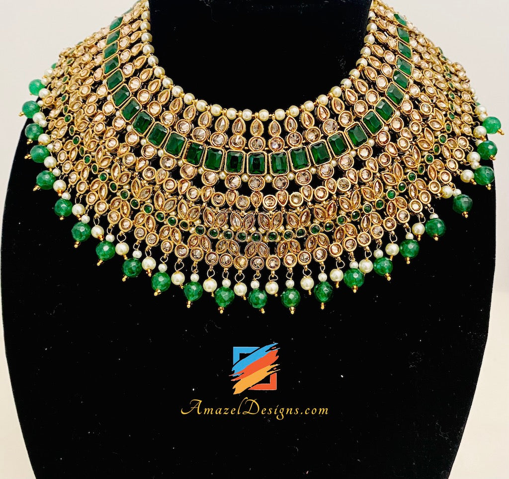 Green (Emerald) Polki Necklace Choker Earrings Tikka Nath and Passa Set