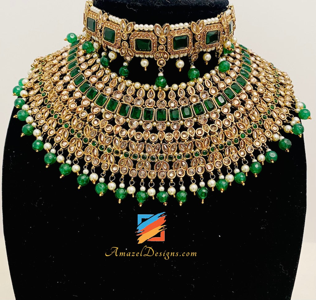 Green (Emerald) Polki Necklace Choker Earrings Tikka Nath and Passa Set