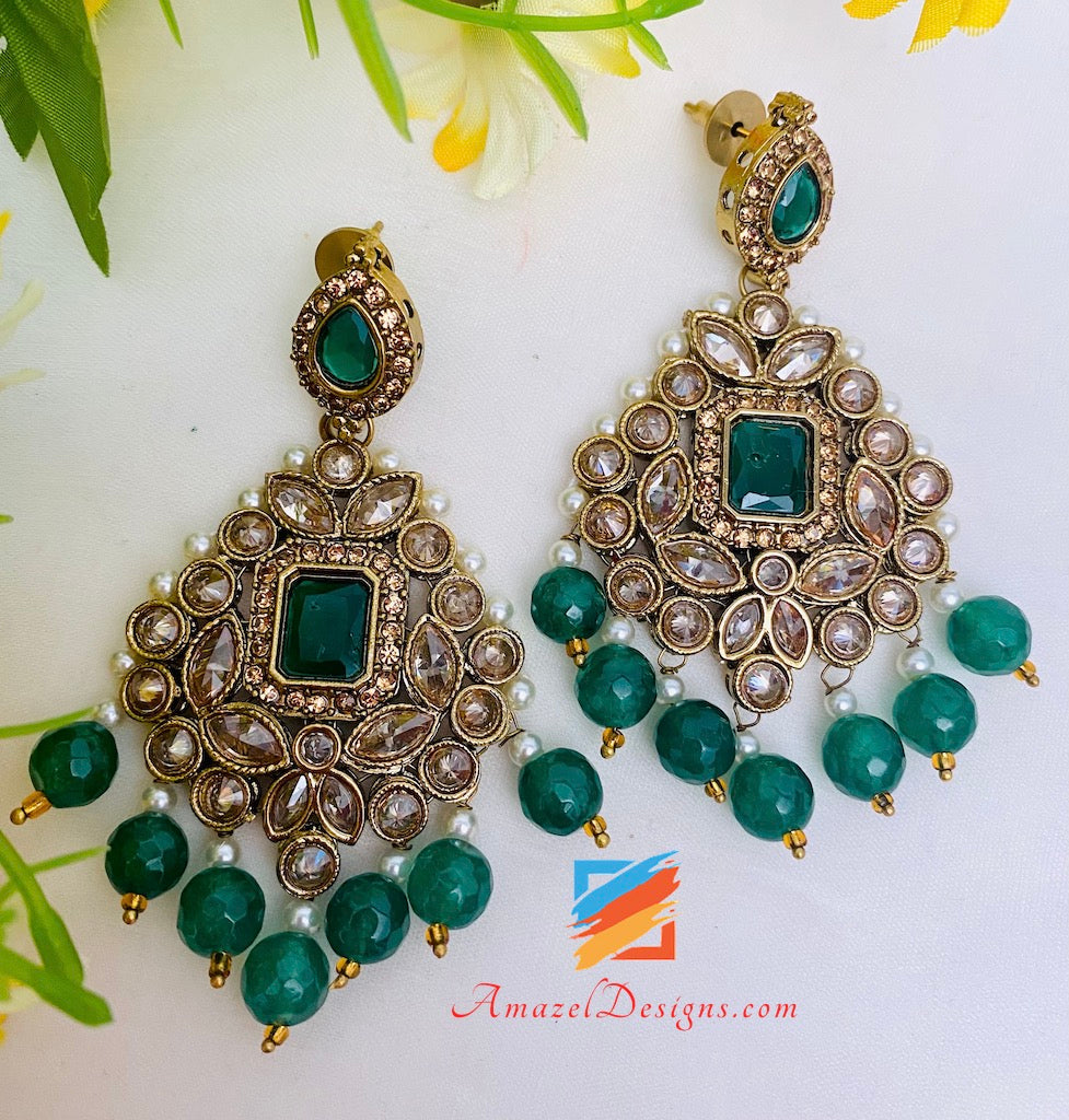 Green (Emerald) Polki Necklace Choker Earrings Tikka Nath and Passa Set