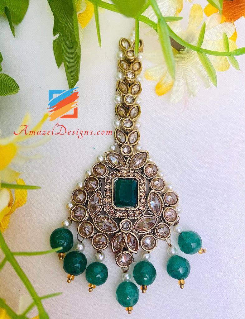 Green (Emerald) Polki Necklace Choker Earrings Tikka Nath and Passa Set
