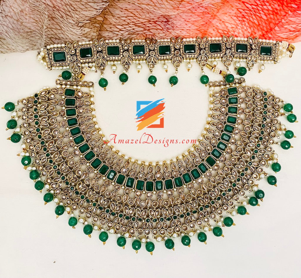 Green (Emerald) Polki Necklace Choker Earrings Tikka Nath and Passa Set