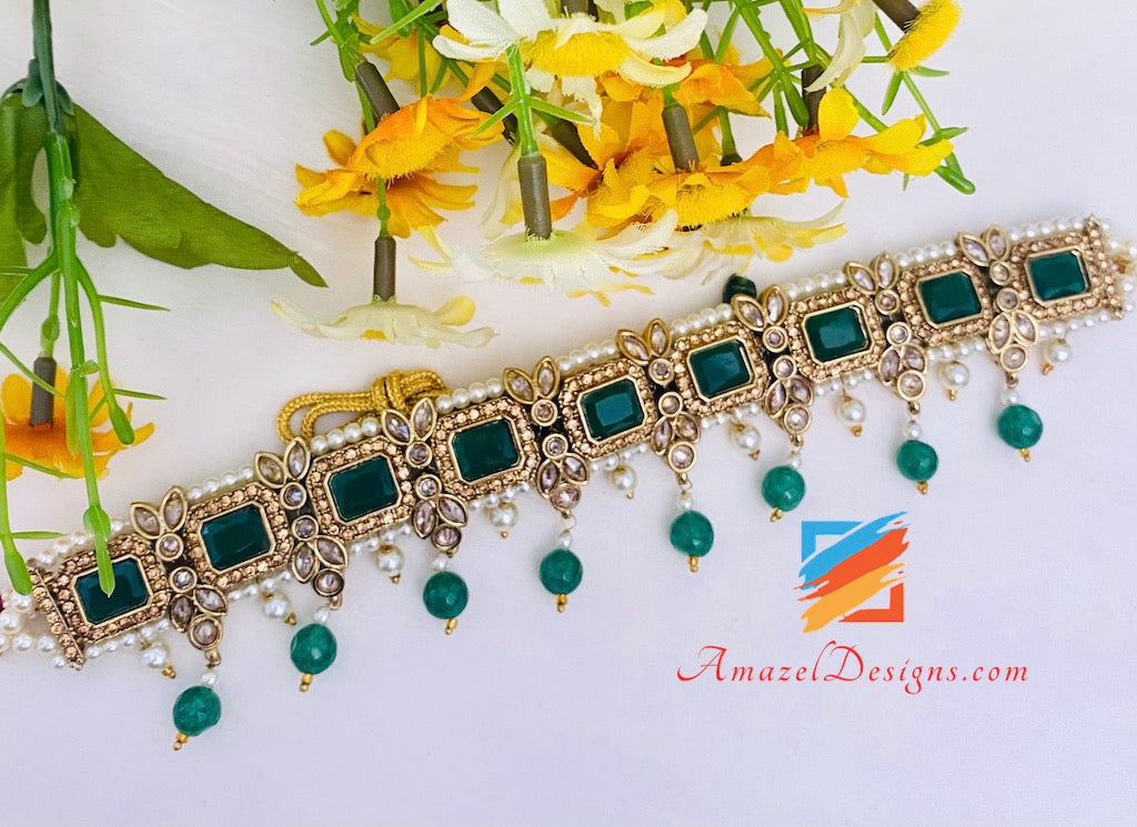 Green (Emerald) Polki Necklace Choker Earrings Tikka Nath and Passa Set