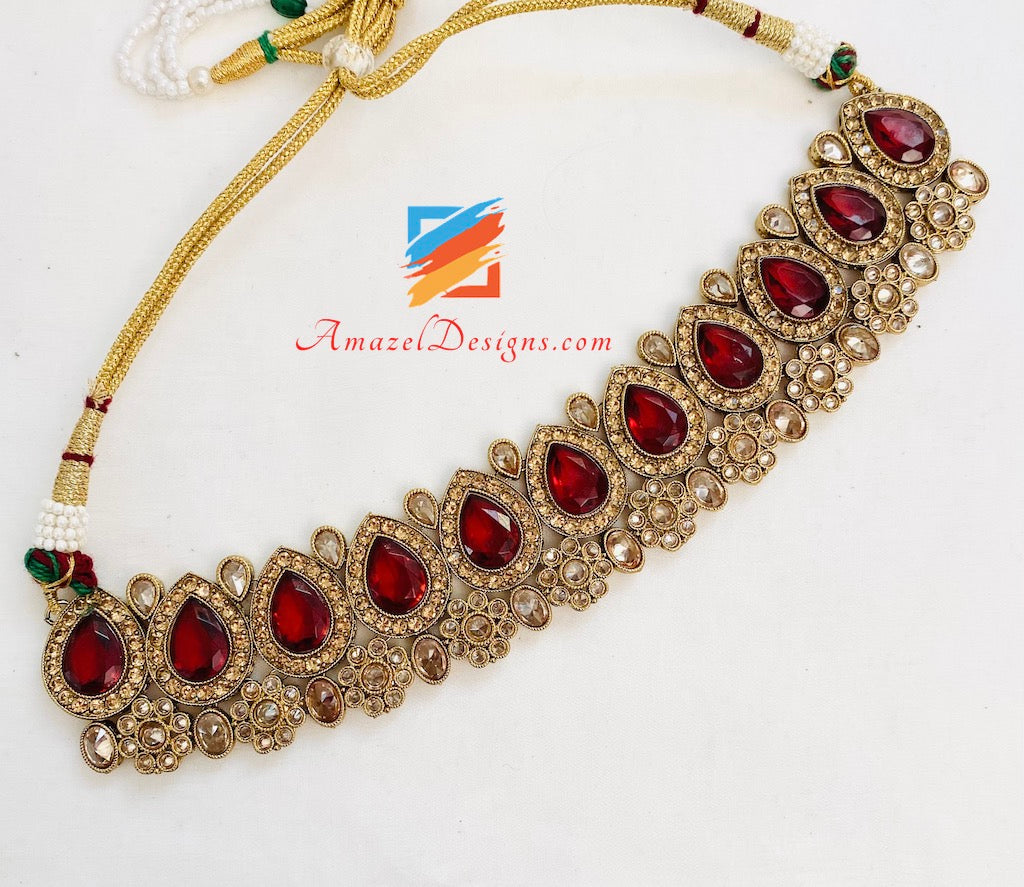 Green Maroon Polki and Stone Necklace Choker Earrings Tikka Set