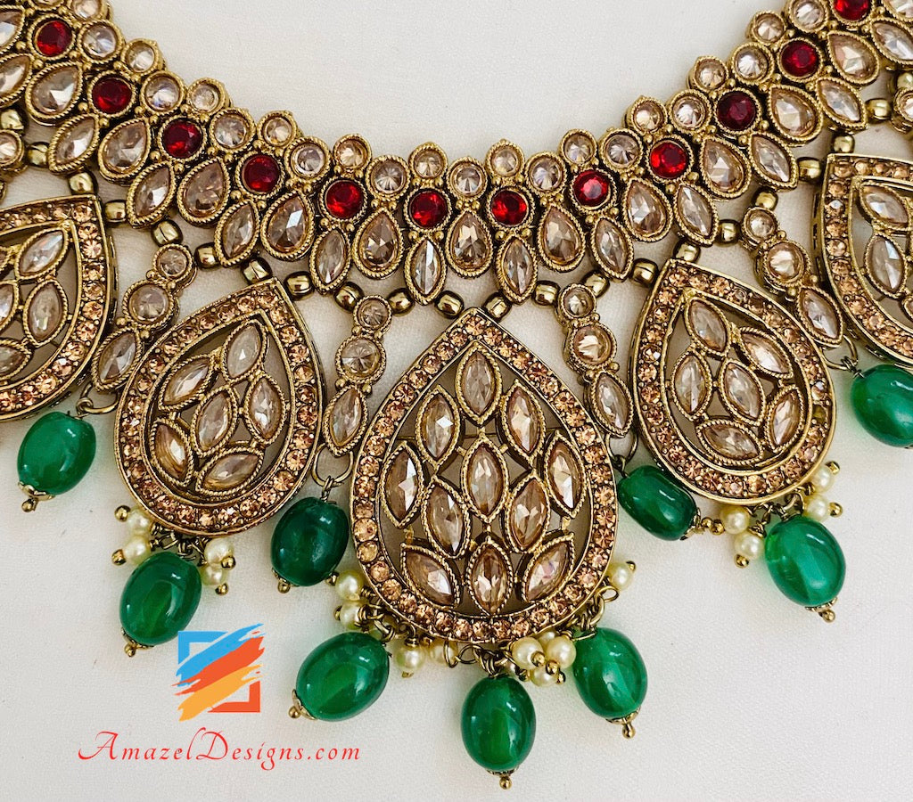 Green Maroon Polki and Stone Necklace Choker Earrings Tikka Set