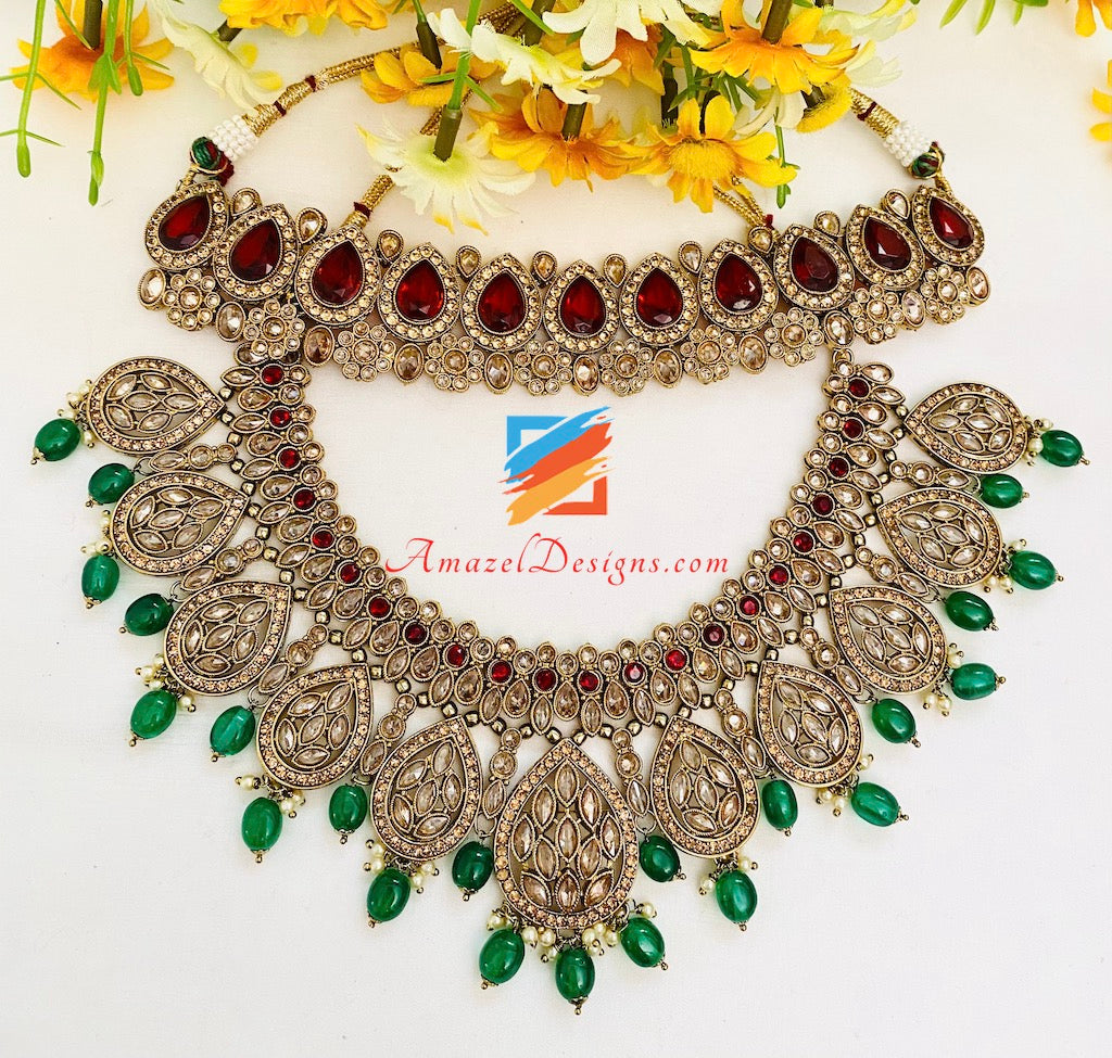 Green Maroon Polki and Stone Necklace Choker Earrings Tikka Set