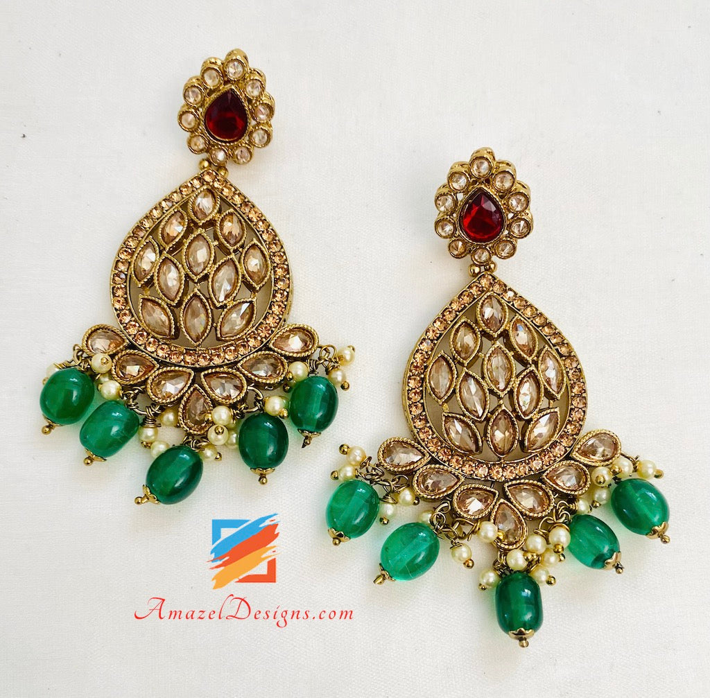 Green Maroon Polki and Stone Necklace Choker Earrings Tikka Set