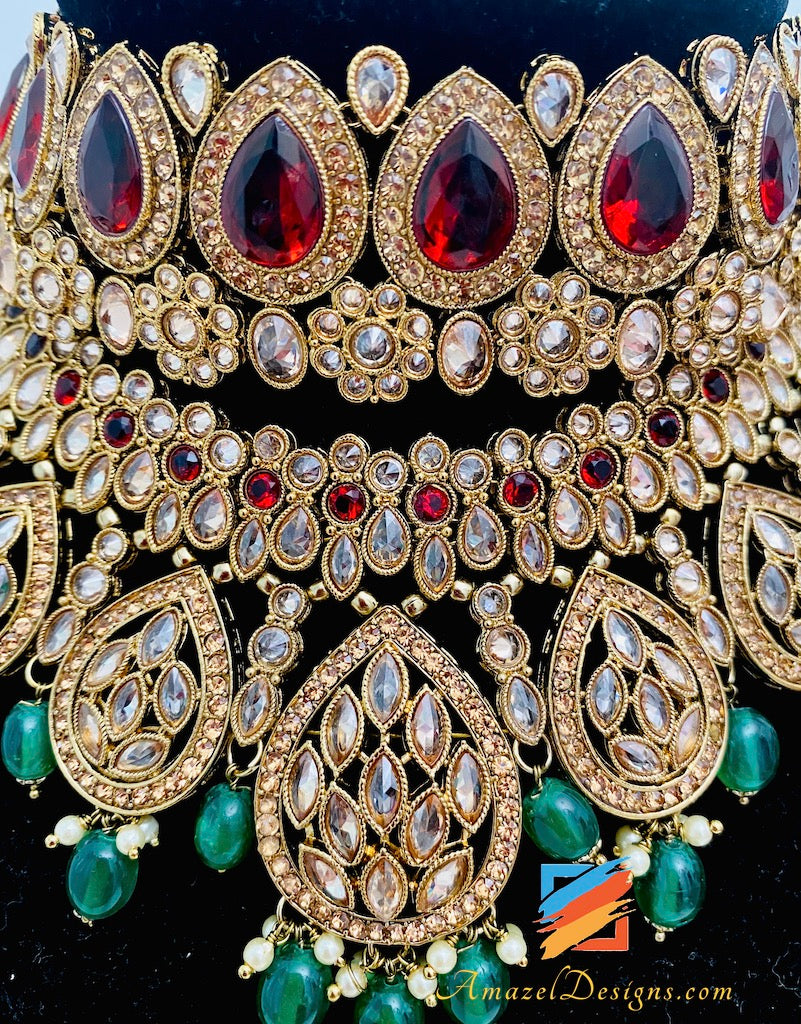 Green Maroon Polki and Stone Necklace Choker Earrings Tikka Set