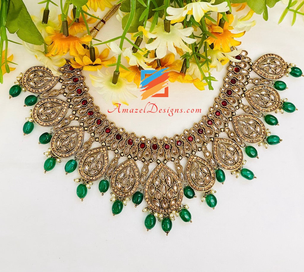Green Maroon Polki and Stone Necklace Choker Earrings Tikka Set