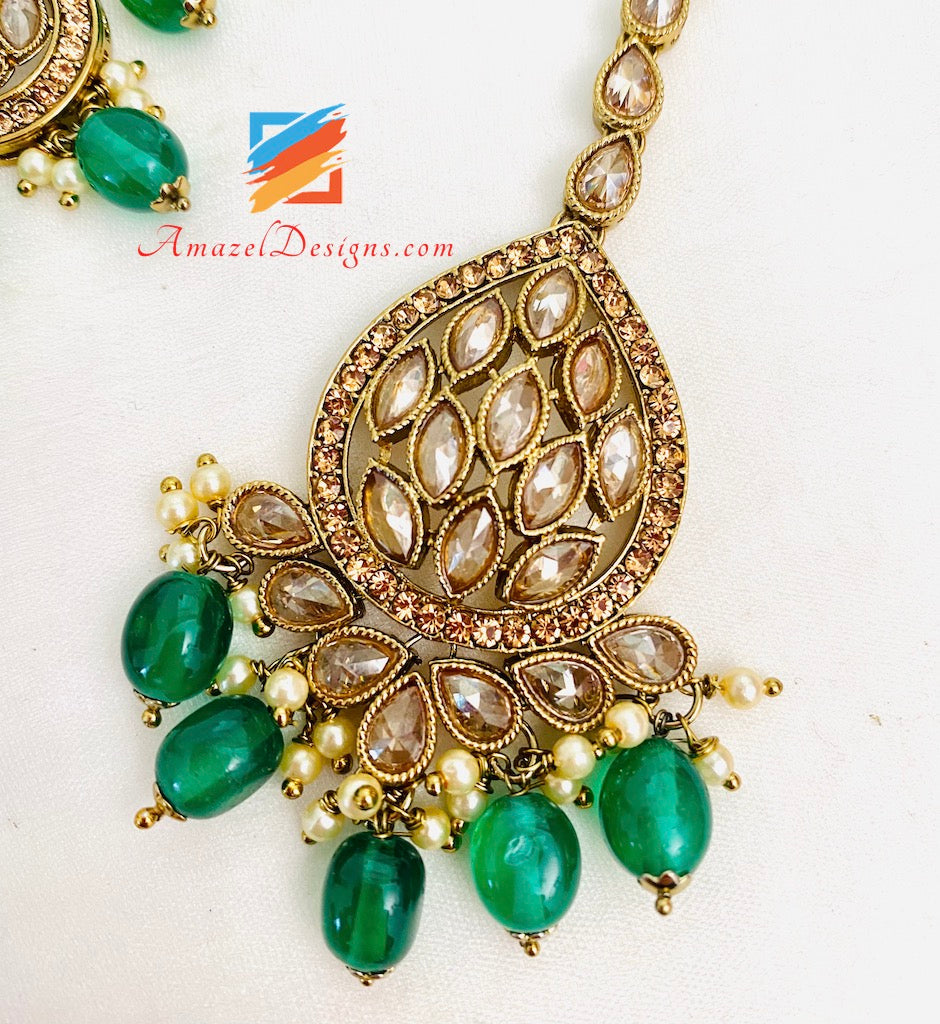Green Maroon Polki and Stone Necklace Choker Earrings Tikka Set