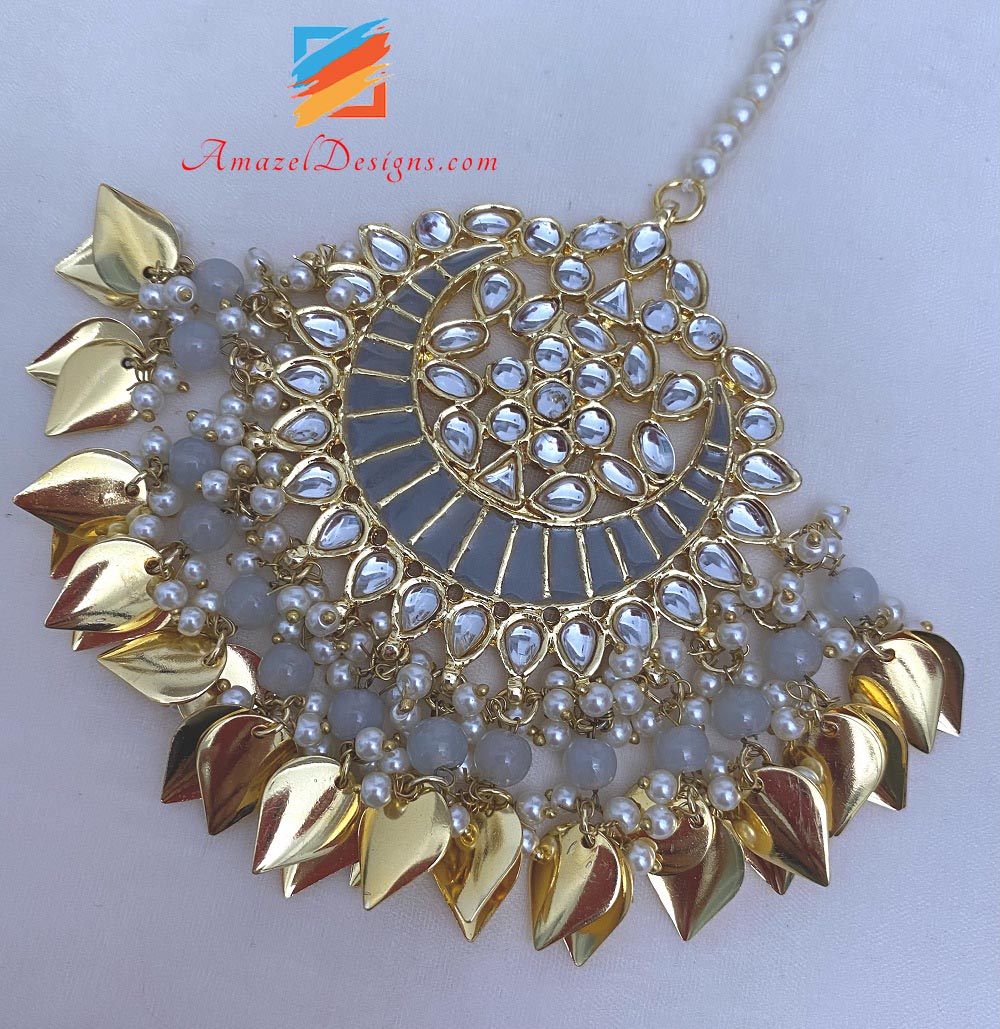 Set Tikka oversize grigio Kundan Pippal Patti Jhumka
