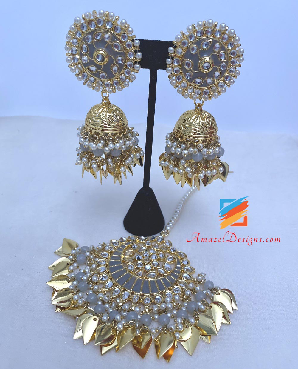 Set Tikka oversize grigio Kundan Pippal Patti Jhumka