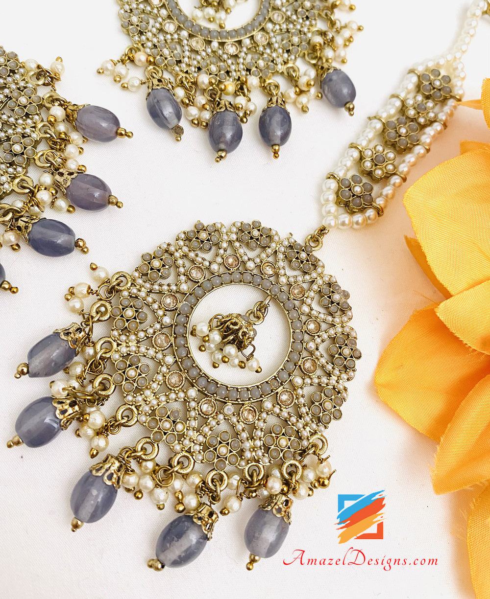 Grey Lightweight Pearl Jadau Polki Earrings Tikka Set