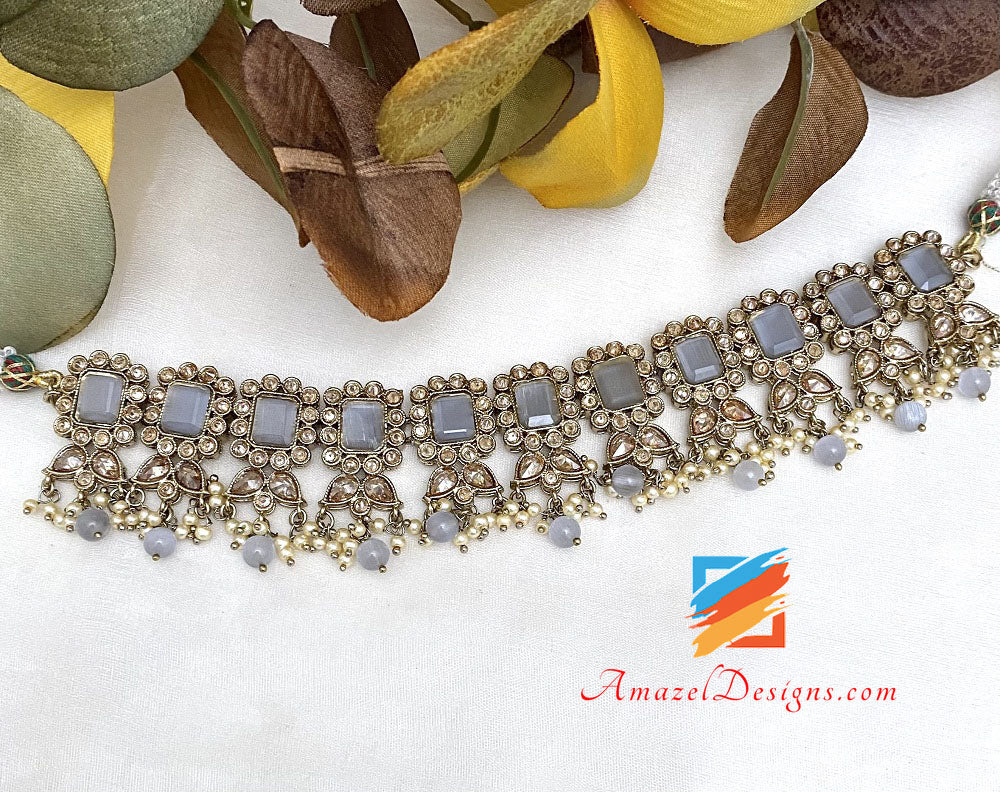 Grey Polki Choker Jhumki Earrings Tikka Set
