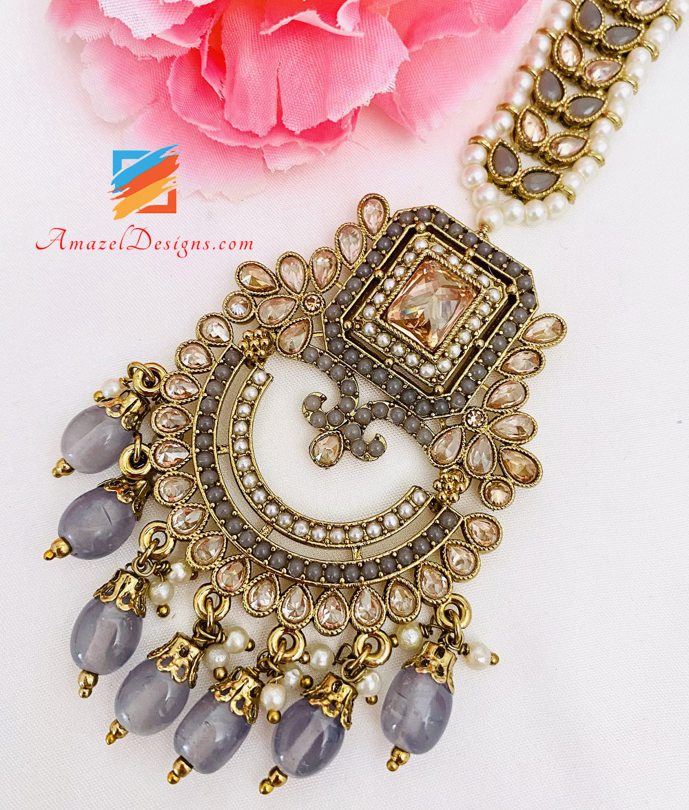 Grey Polki Earrings Tikka Set