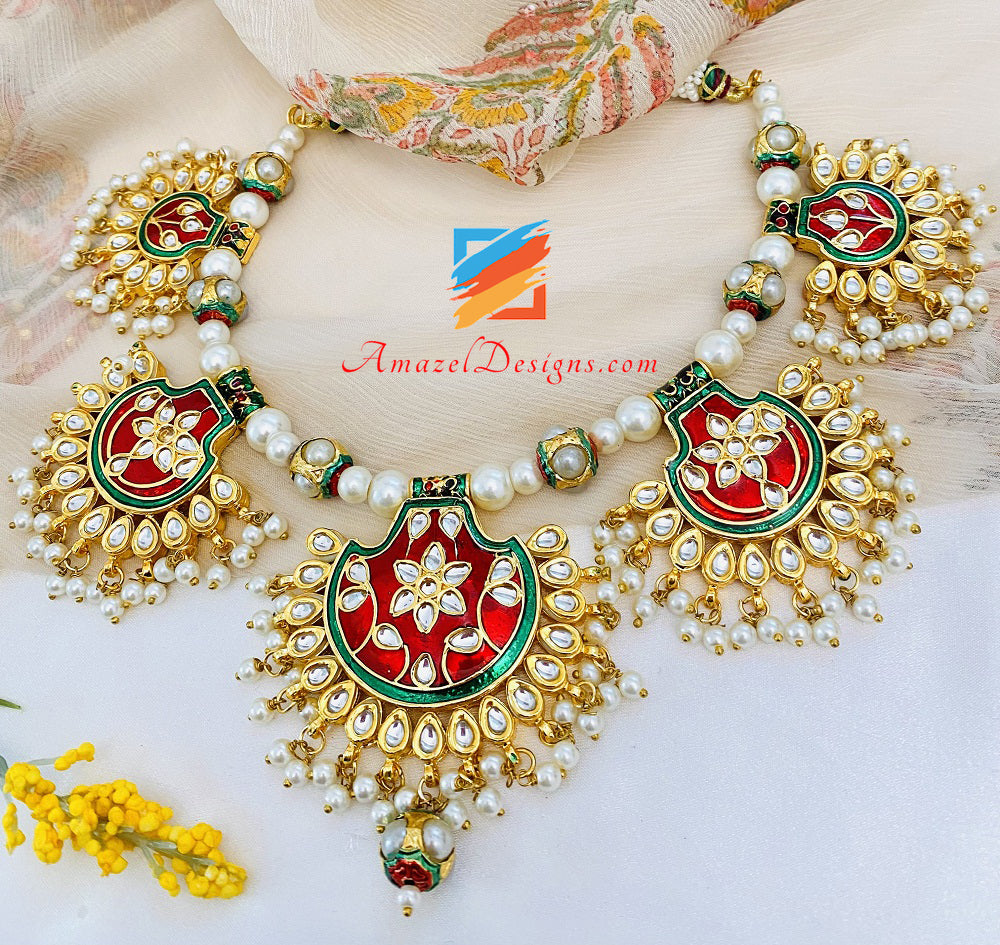 Hand Painted Kundan Maroon Green Jugni Necklace Earrings Tikka Set