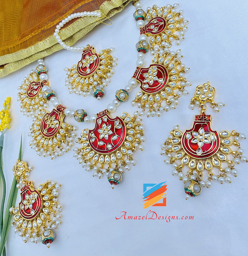 Hand Painted Kundan Maroon Jugni Necklace Earrings Tikka Set