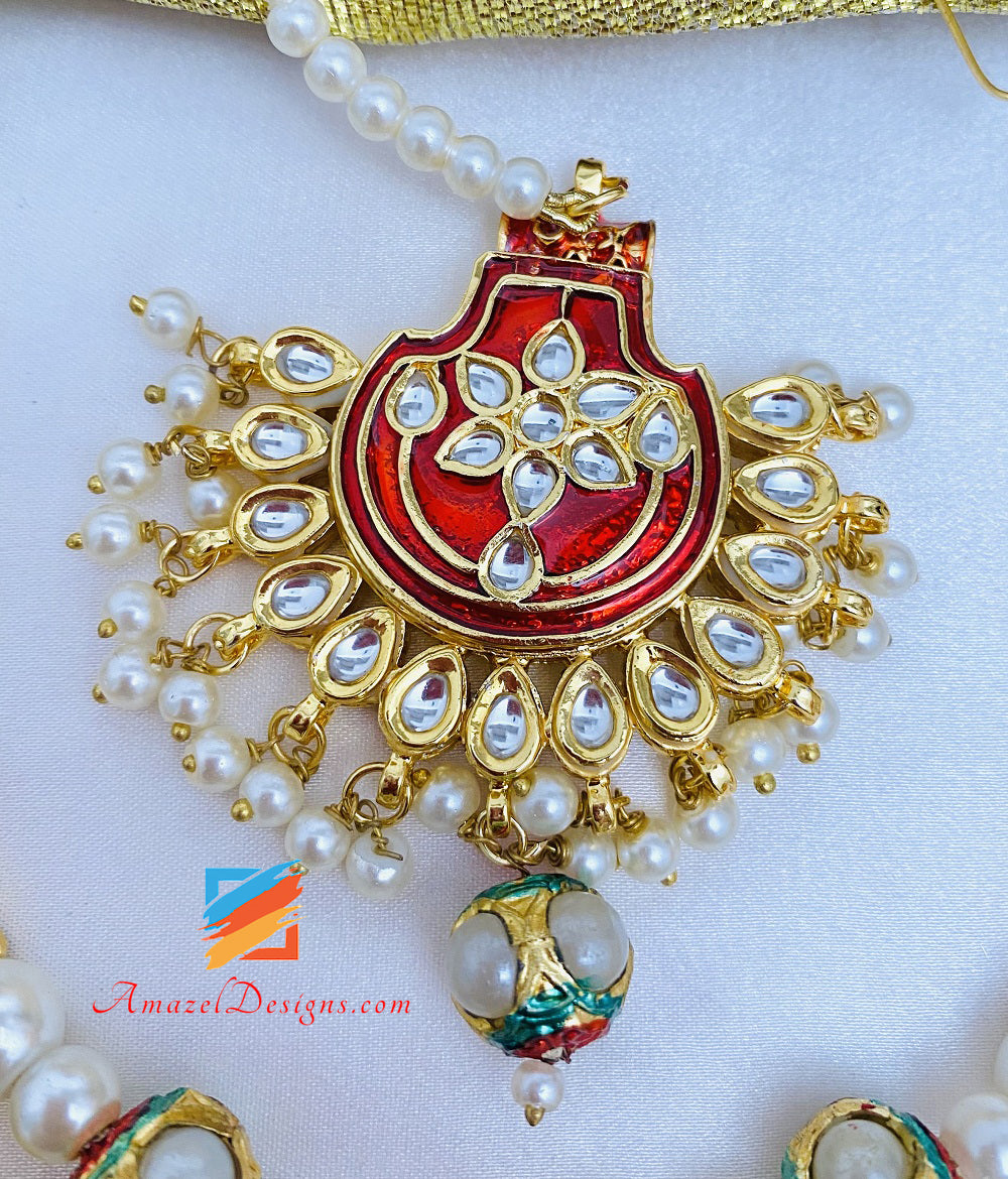 Hand Painted Kundan Maroon Jugni Necklace Earrings Tikka Set
