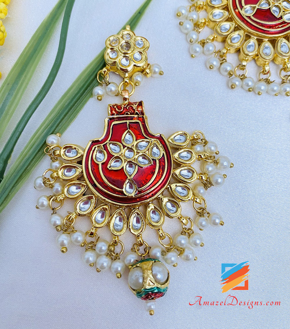 Hand Painted Kundan Maroon Jugni Necklace Earrings Tikka Set