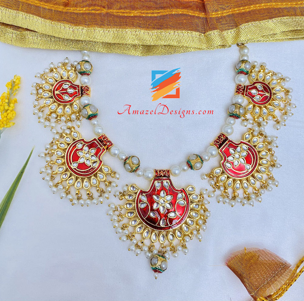 Hand Painted Kundan Maroon Jugni Necklace Earrings Tikka Set