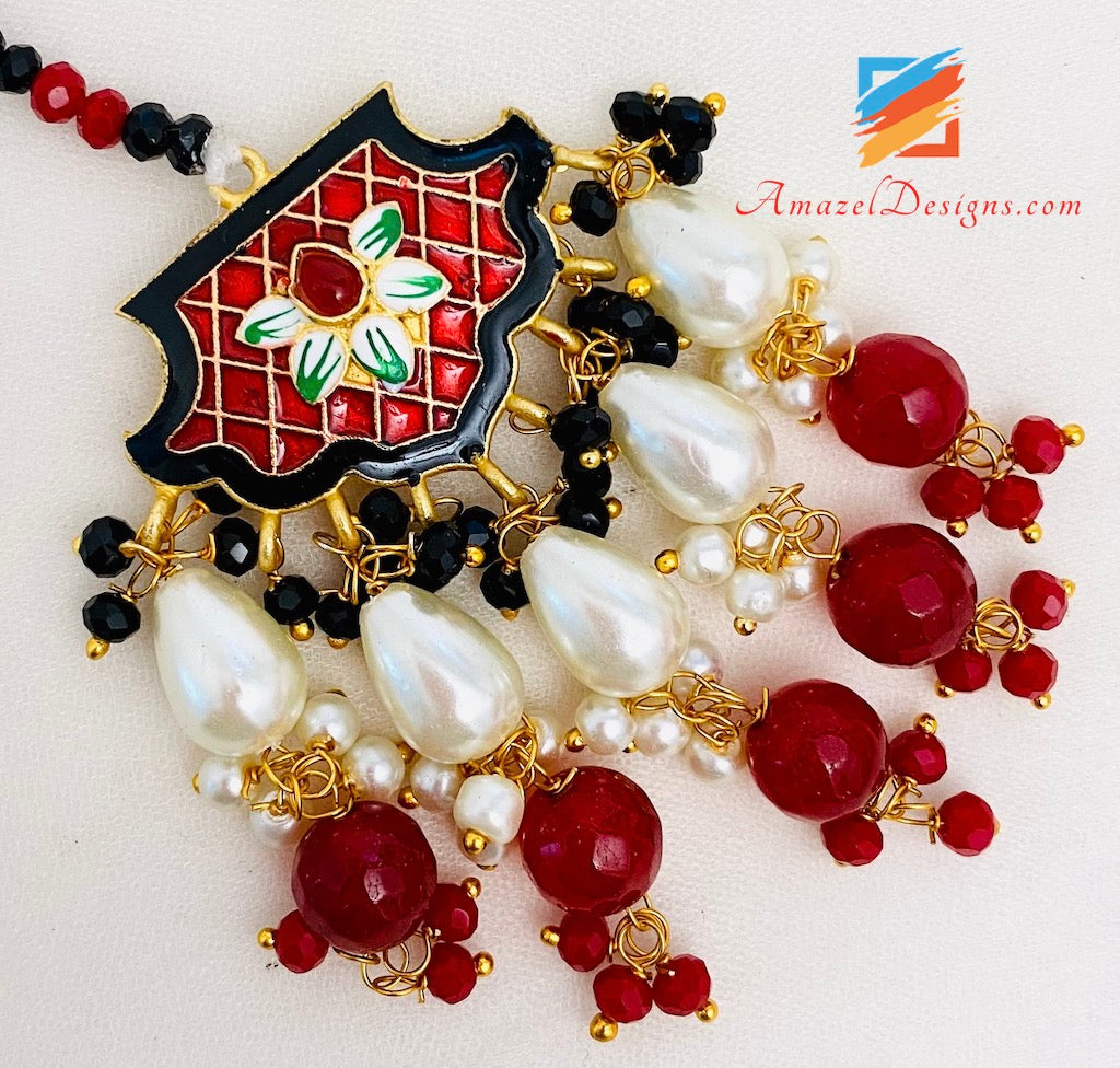 Hand Painted Meenakari Lightweight Maroon (Ruby) Waliyaan Tikka Set