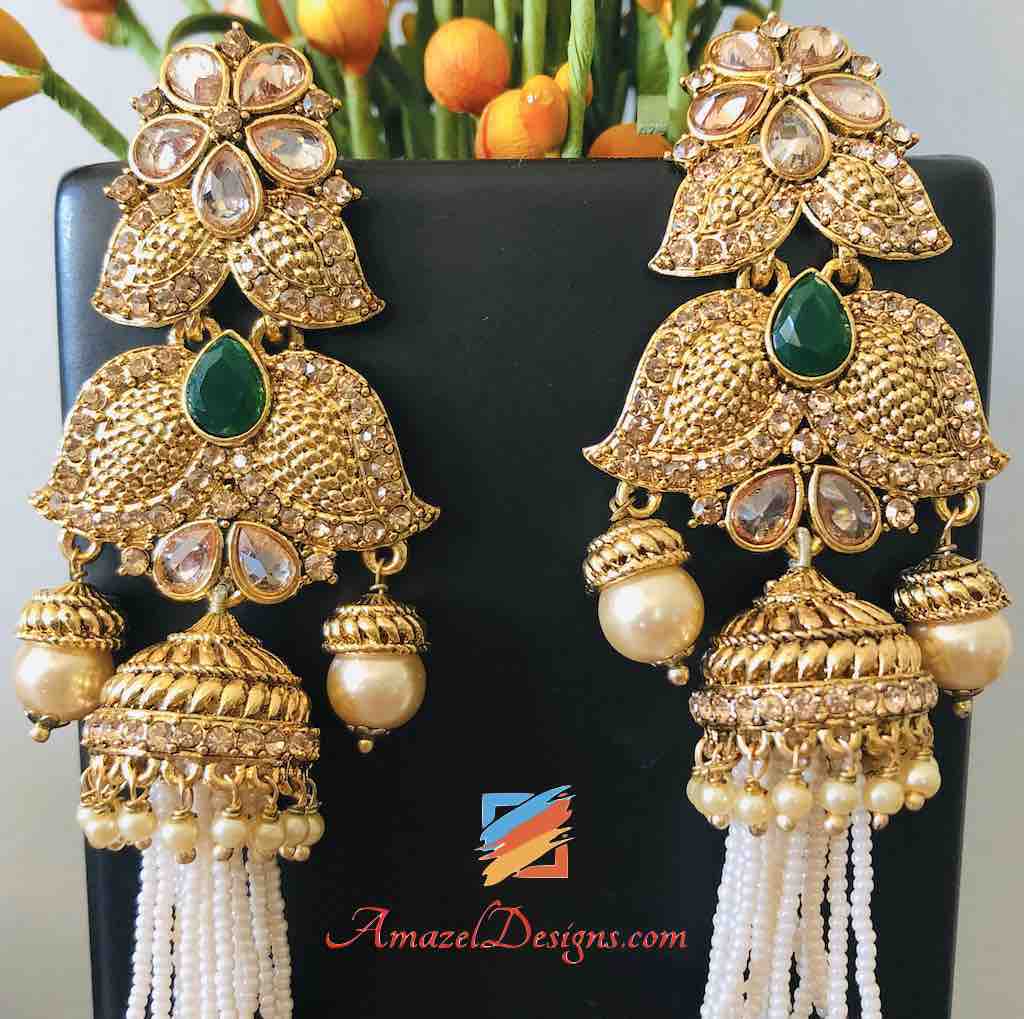 Hanging White and Green Beads Pearl Earrings