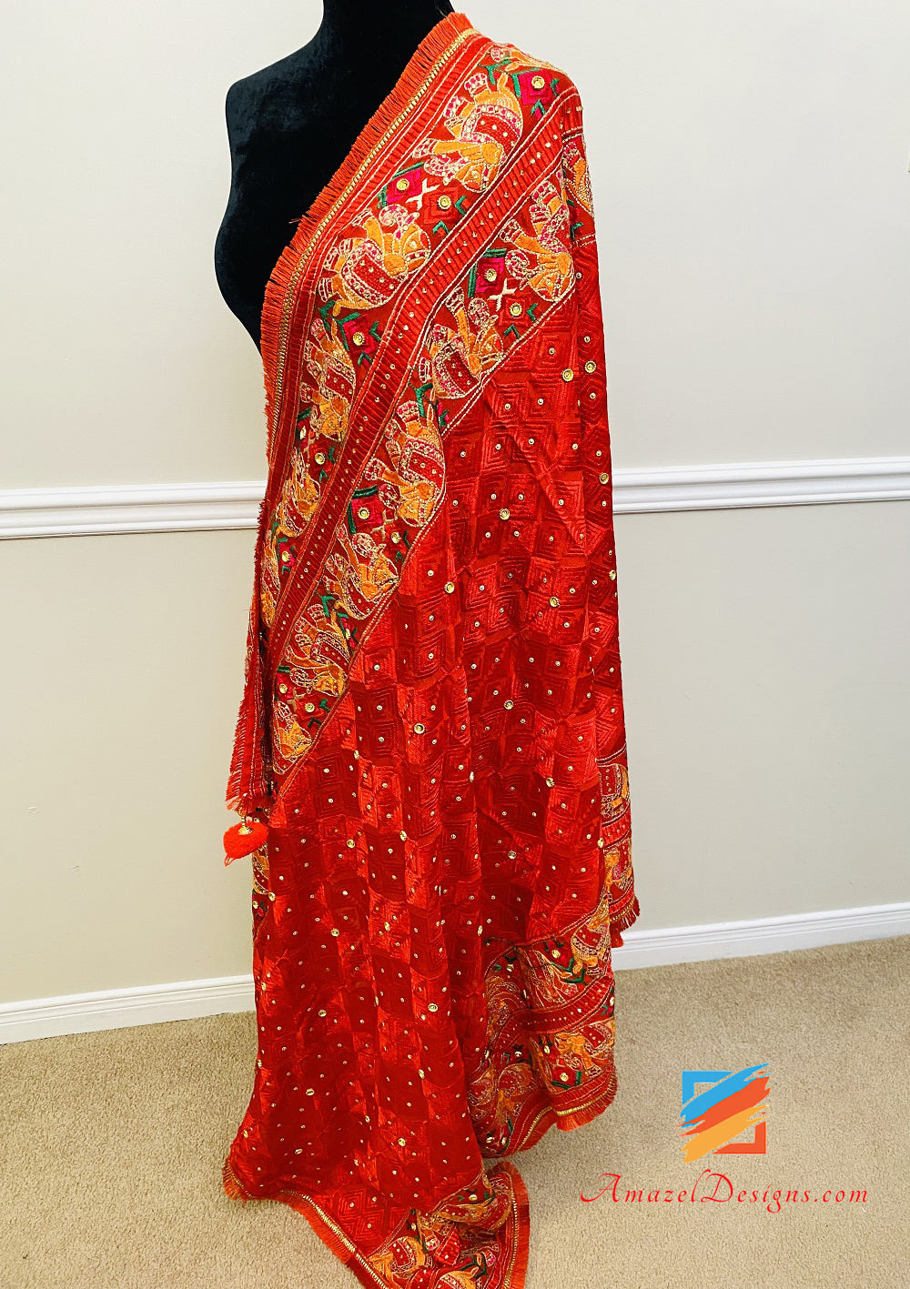 Hathi Work Four Sided Red Fulkari Crystal Work