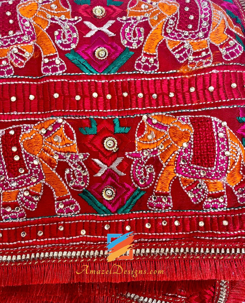 Hathi Work Four Sided Red Fulkari Crystal Work