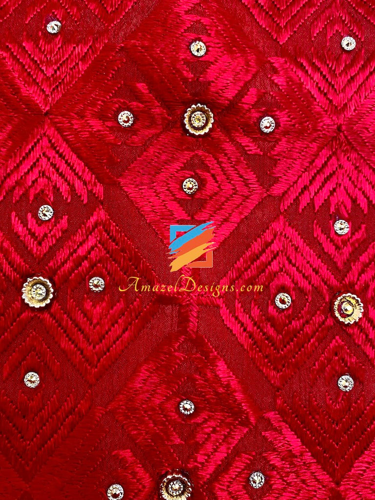 Hathi Work Four Sided Red Fulkari Crystal Work