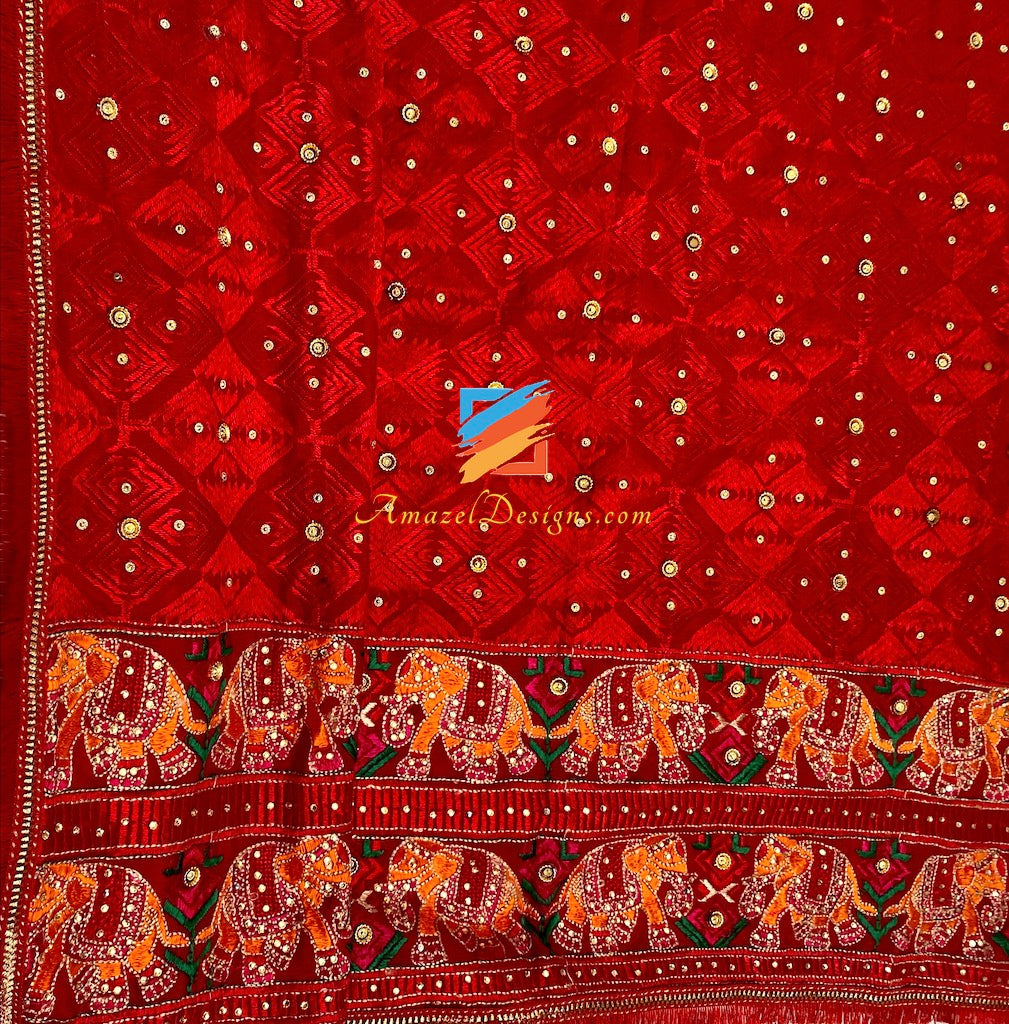 Hathi Work Four Sided Red Fulkari Crystal Work