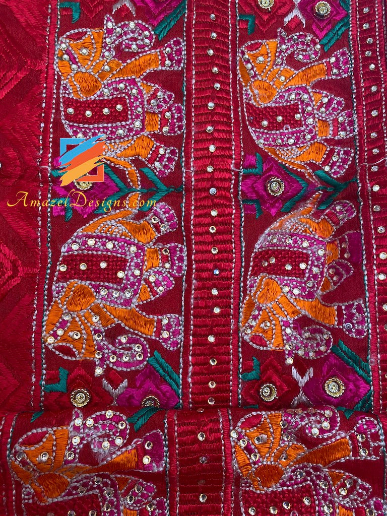 Hathi Work Four Sided Red Fulkari Crystal Work