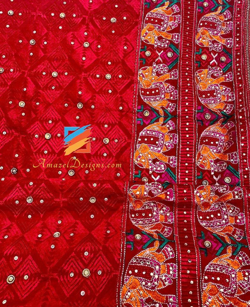 Hathi Work Four Sided Red Fulkari Crystal Work