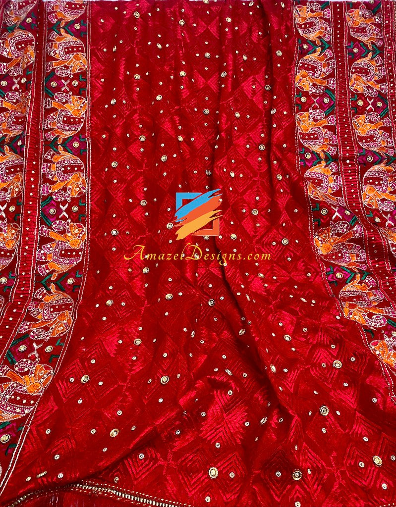 Hathi Work Four Sided Red Fulkari Crystal Work