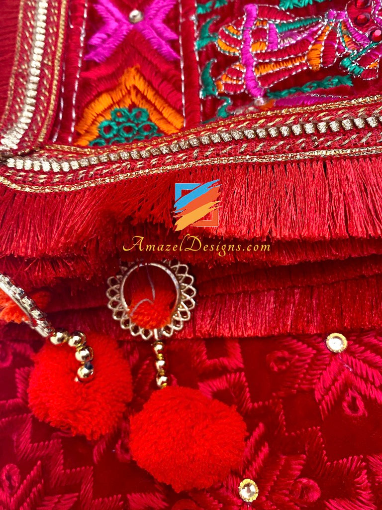 Hathi Work Four Sided Red Fulkari Crystal Work