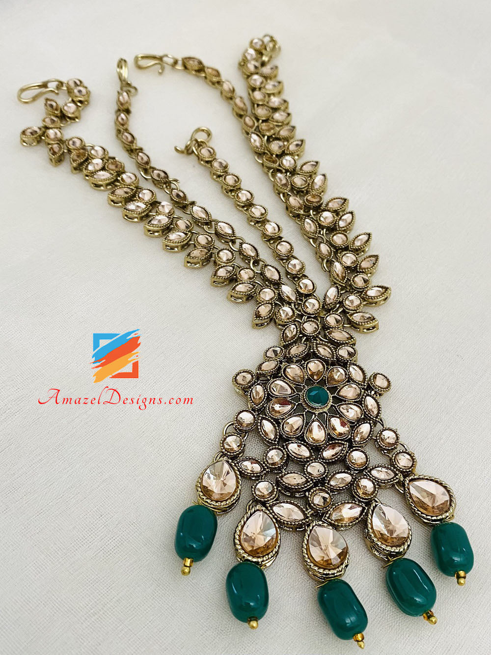 Heavy Bridal Necklace Long Haar Earrings Matha Patti Nath And Hand Pieces