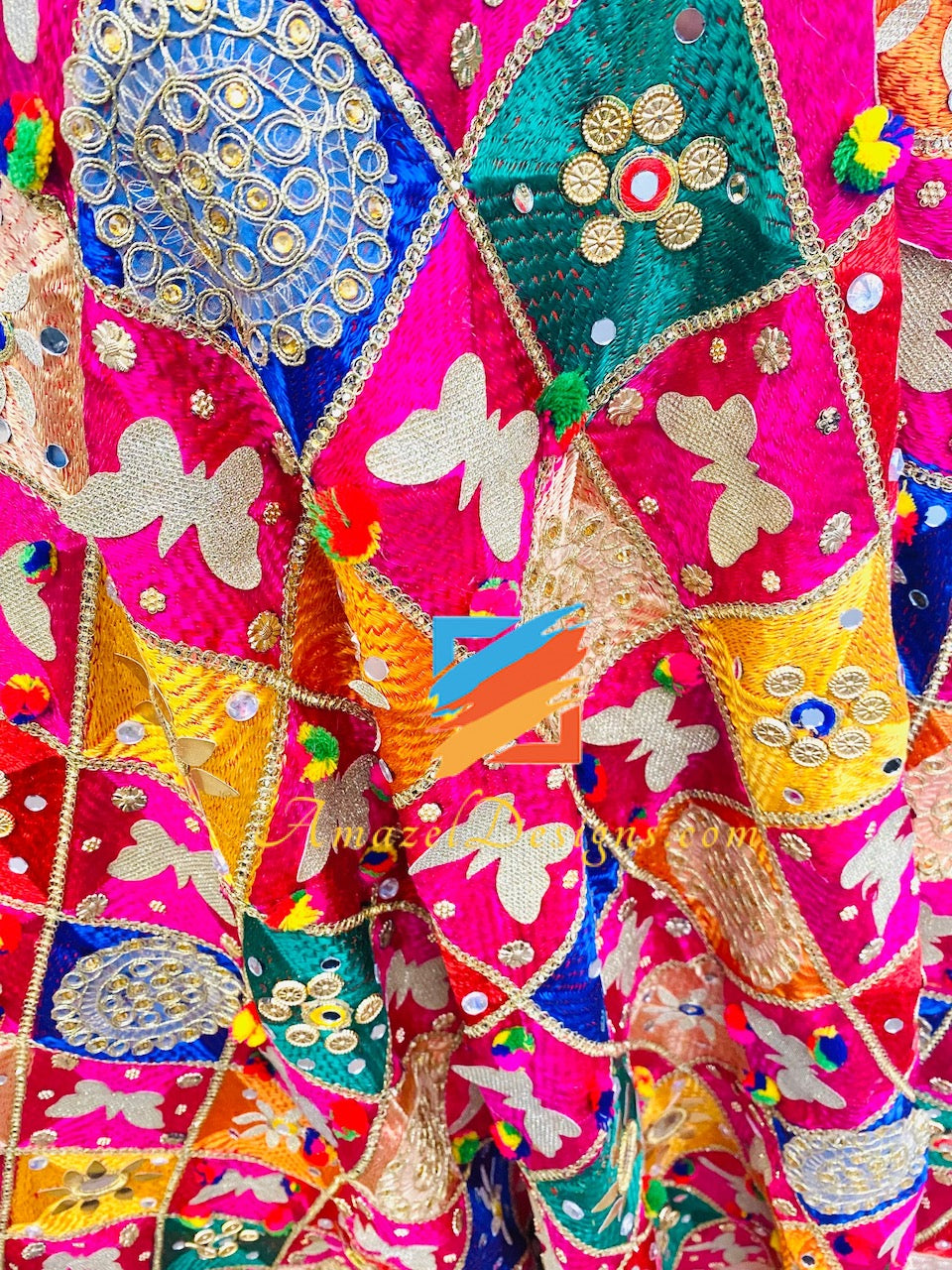 Heavy Work Kundan Mirrors PomPom Patti Latkan Multicoloured Phulkari