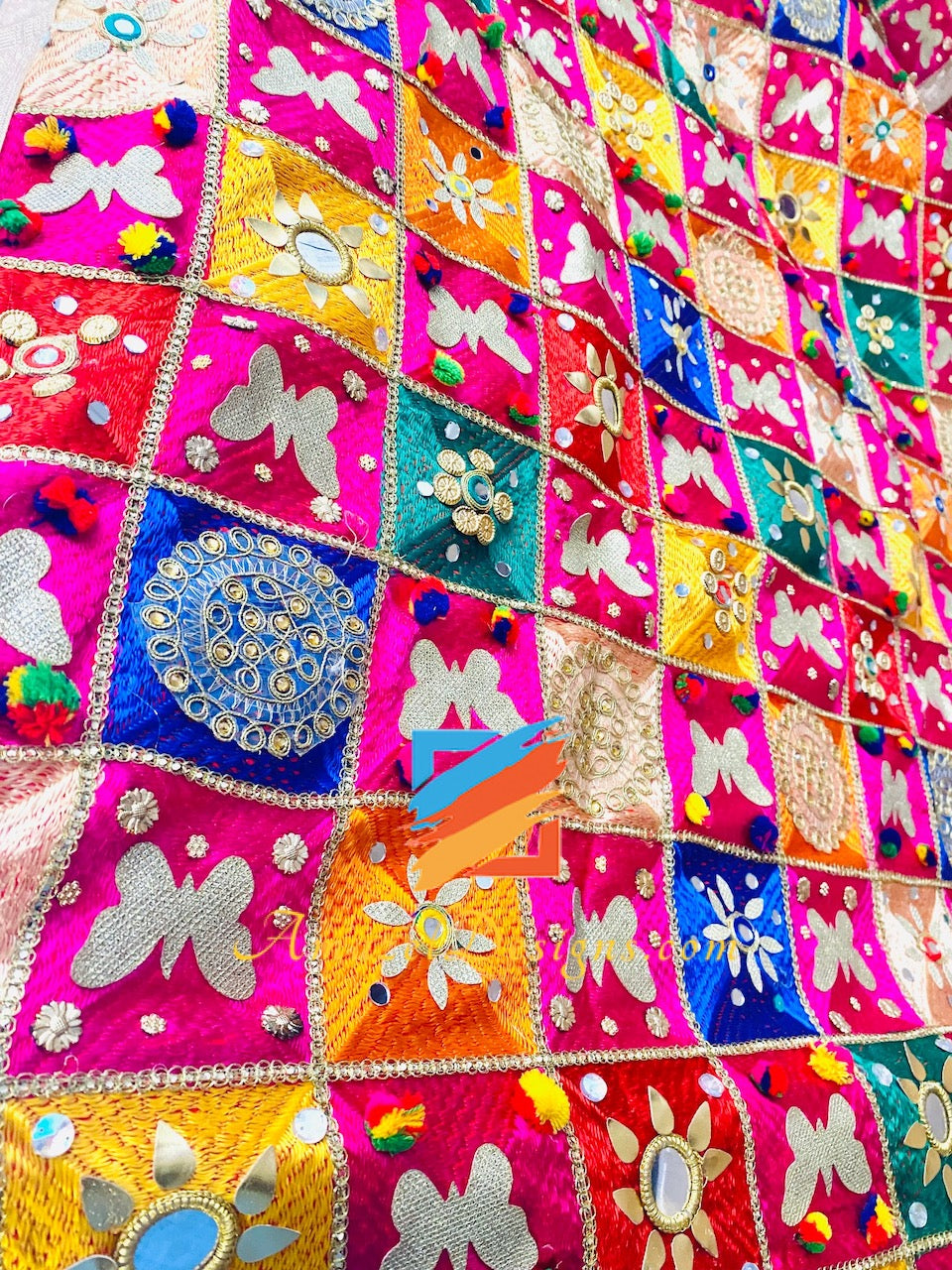 Heavy Work Kundan Mirrors PomPom Patti Latkan Multicoloured Phulkari