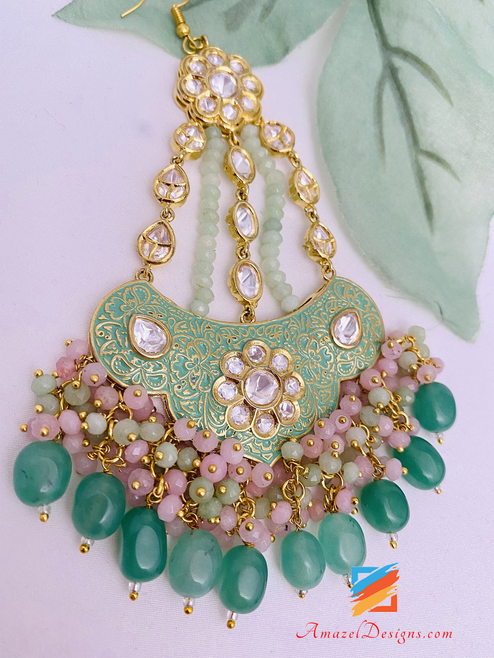 Designer di alta qualità Meenakari Kundan Green Mint Passa Jhumer