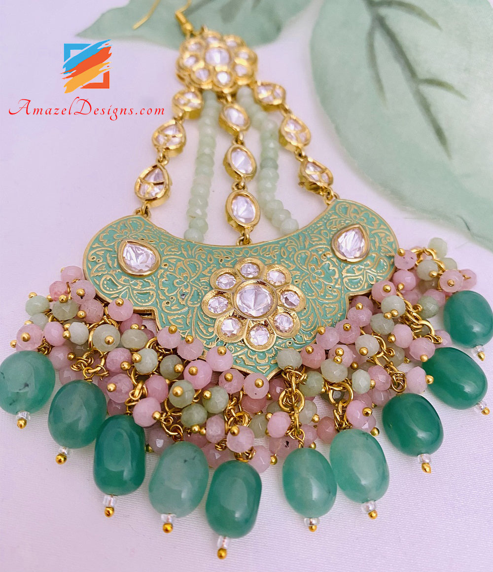 Designer di alta qualità Meenakari Kundan Green Mint Passa Jhumer