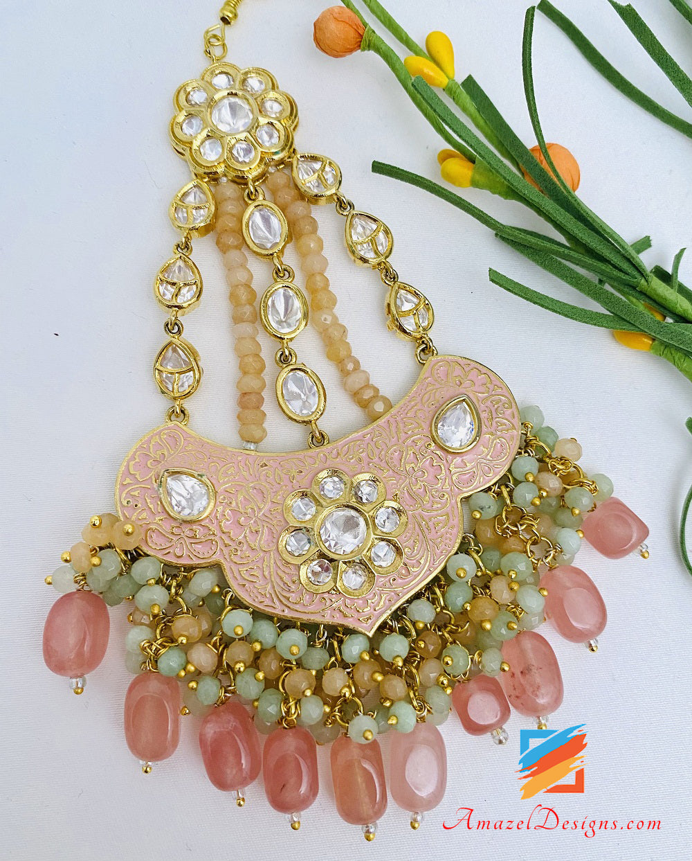 Designer di alta qualità Meenakari Kundan Peachy Pink Passa Jhumer