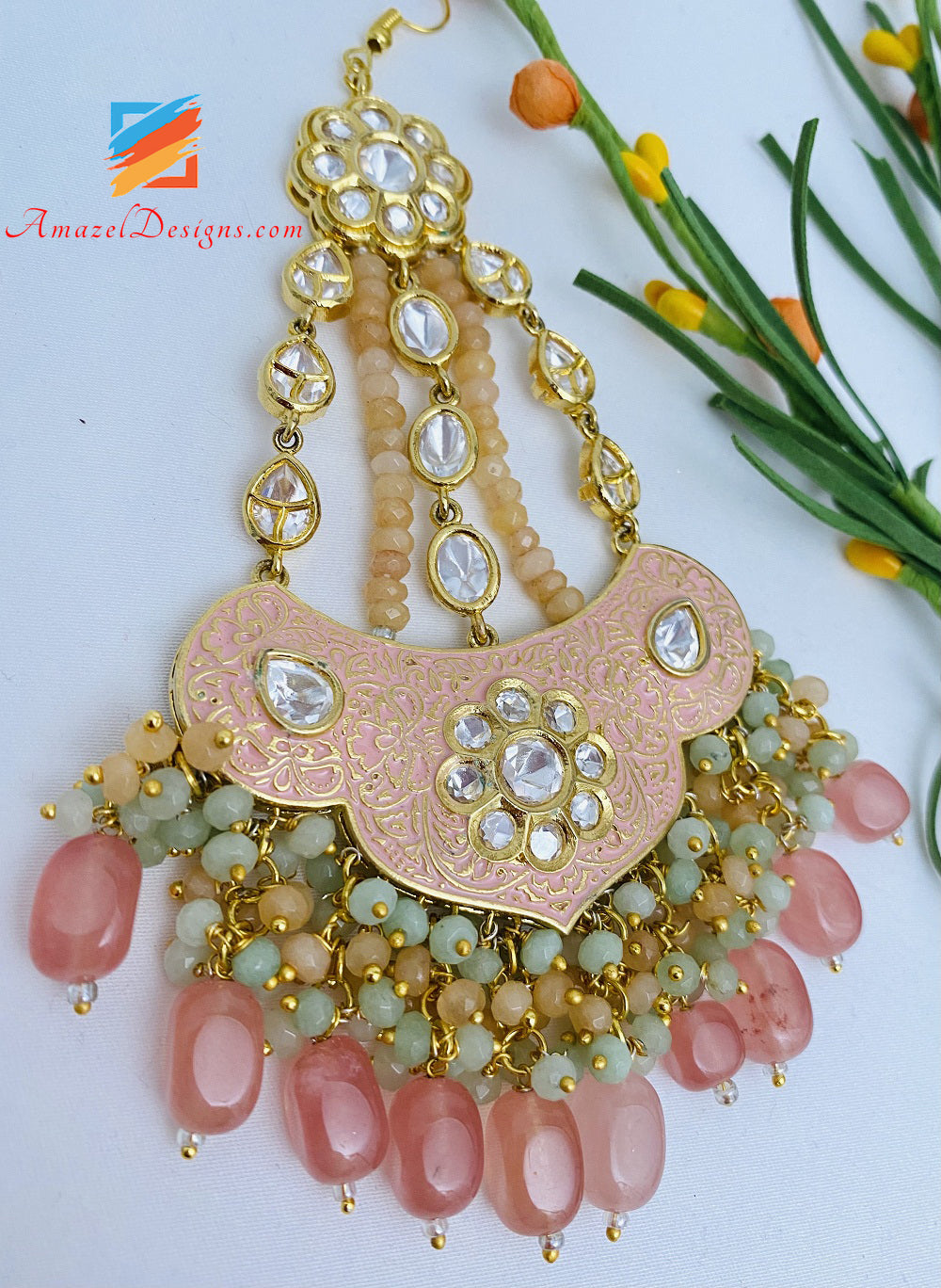 Designer di alta qualità Meenakari Kundan Peachy Pink Passa Jhumer
