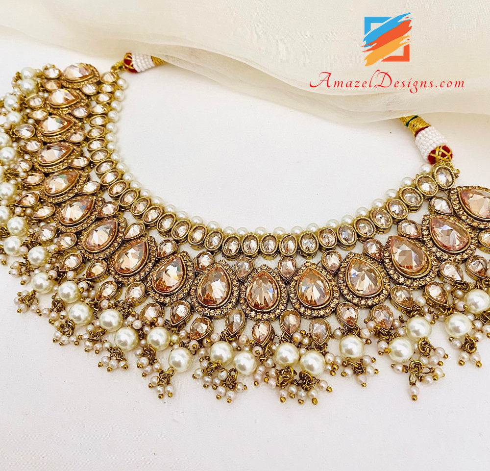 High Quality Dull Gold Antique Copper Tone Polki Necklace Earrings Tikka and Passa/Jhumer Set