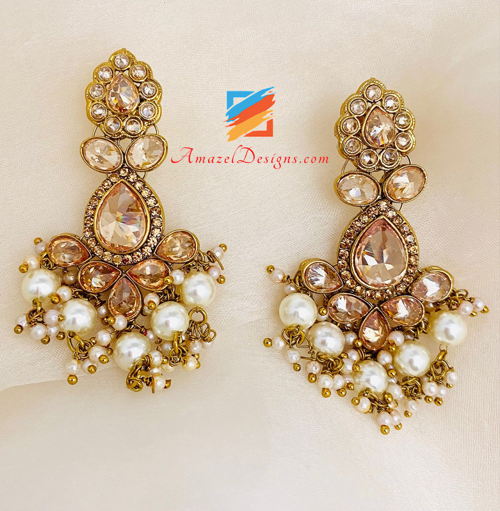 High Quality Dull Gold Antique Copper Tone Polki Necklace Earrings Tikka and Passa/Jhumer Set