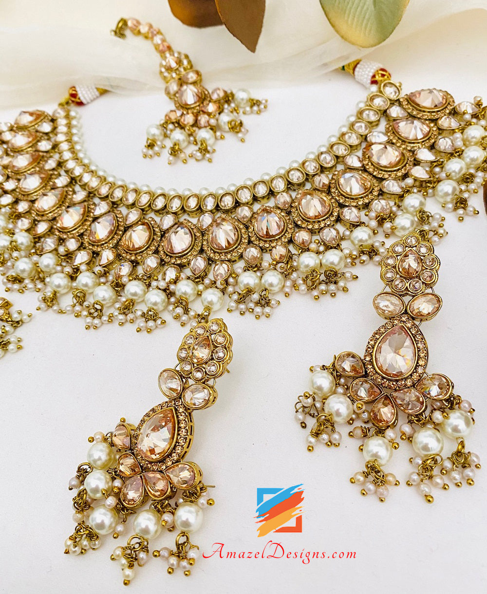 High Quality Dull Gold Antique Copper Tone Polki Necklace Earrings Tikka and Passa/Jhumer Set