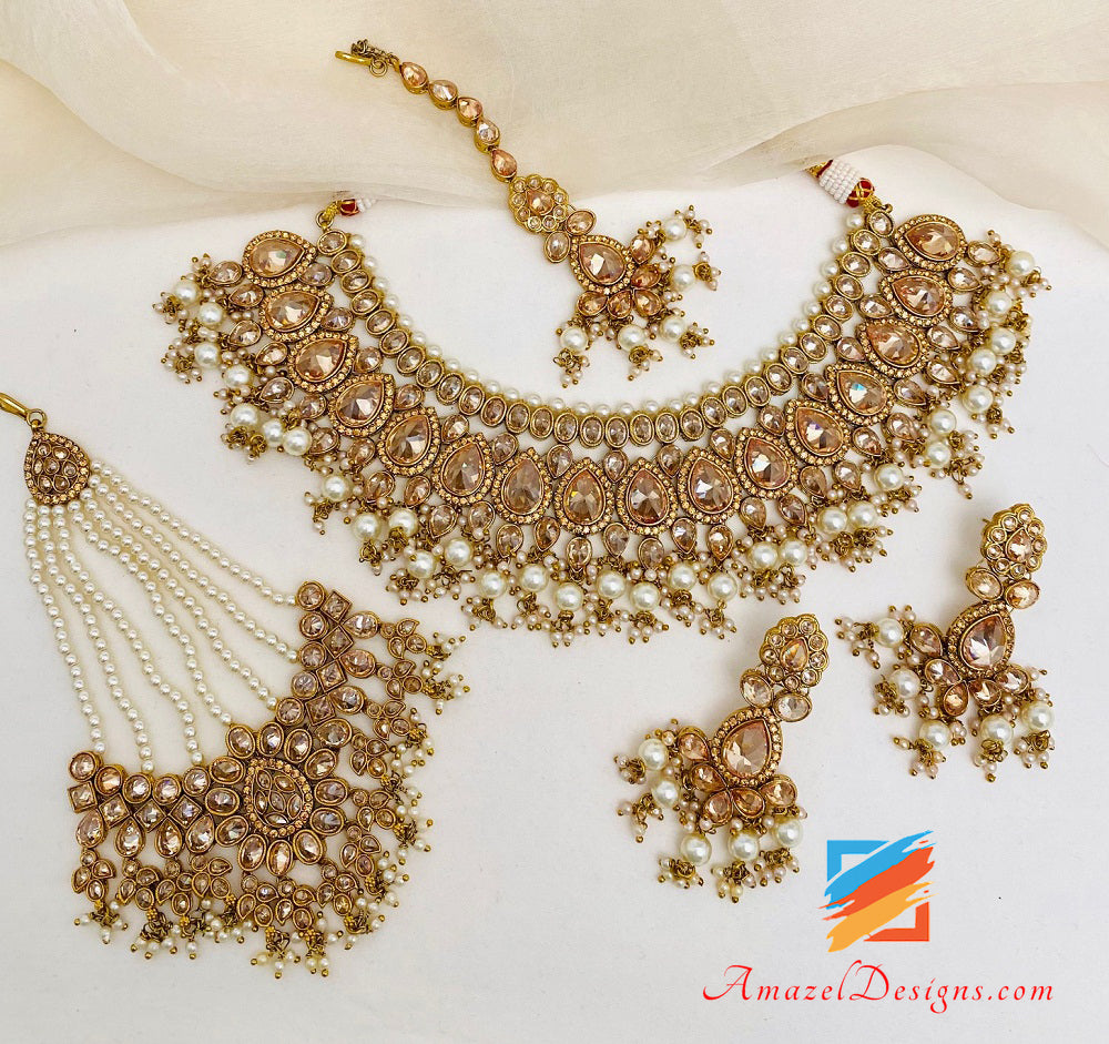High Quality Dull Gold Antique Copper Tone Polki Necklace Earrings Tikka and Passa/Jhumer Set
