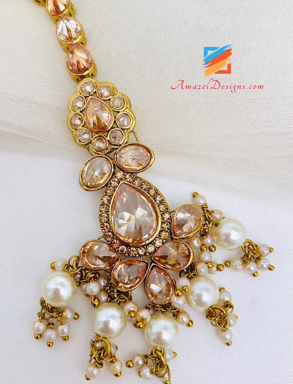 High Quality Dull Gold Antique Copper Tone Polki Necklace Earrings Tikka and Passa/Jhumer Set