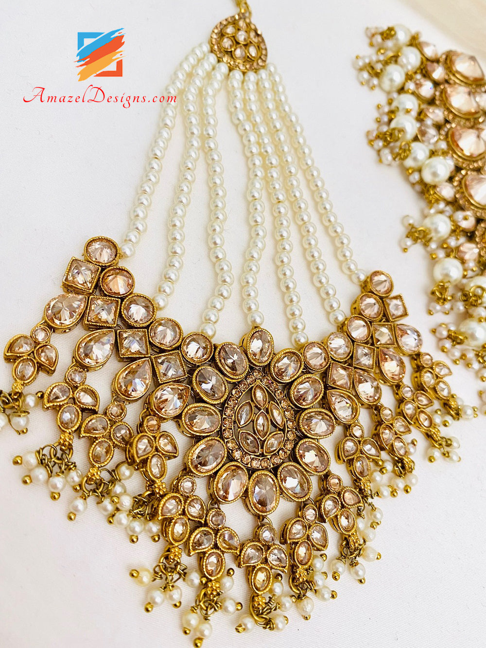 High Quality Dull Gold Antique Copper Tone Polki Necklace Earrings Tikka and Passa/Jhumer Set