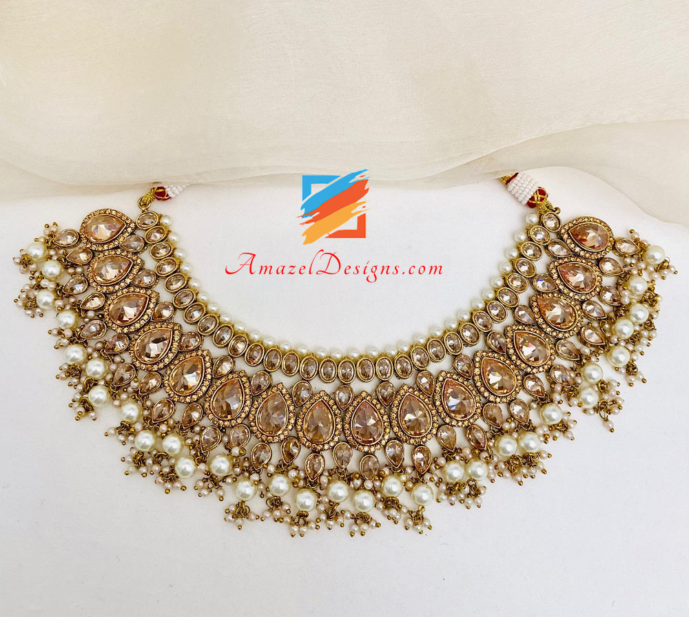 High Quality Dull Gold Antique Copper Tone Polki Necklace Earrings Tikka and Passa/Jhumer Set