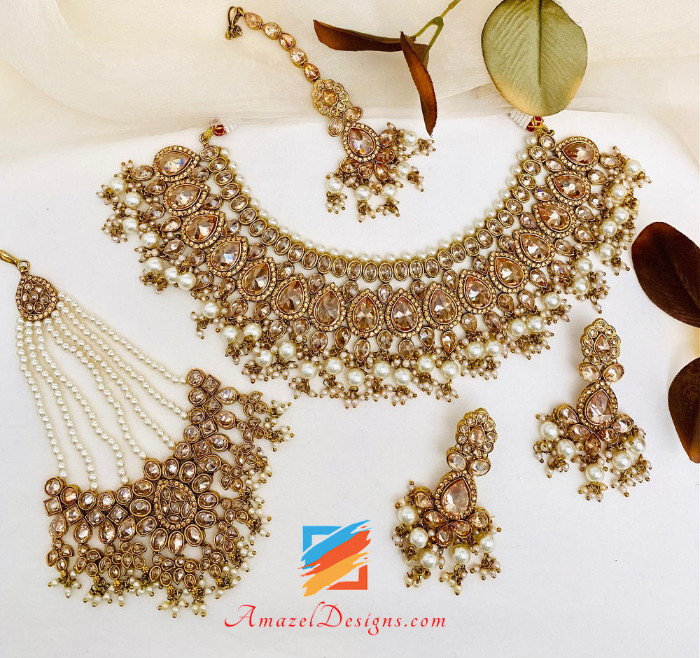 High Quality Dull Gold Antique Copper Tone Polki Necklace Earrings Tikka and Passa/Jhumer Set