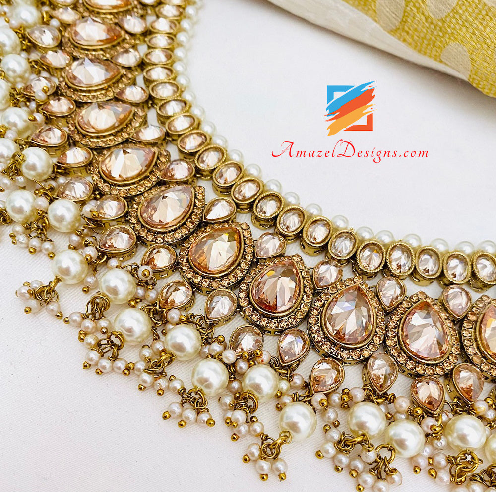 High Quality Dull Gold Antique Copper Tone Polki Necklace Earrings Tikka and Passa/Jhumer Set